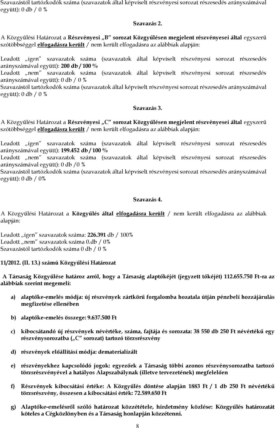 száma (szavazatok által képviselt részvényesi sorozat részesedés arányszámával együtt): 200 db / 100 % Leadott nem szavazatok száma (szavazatok által képviselt részvényesi sorozat részesedés