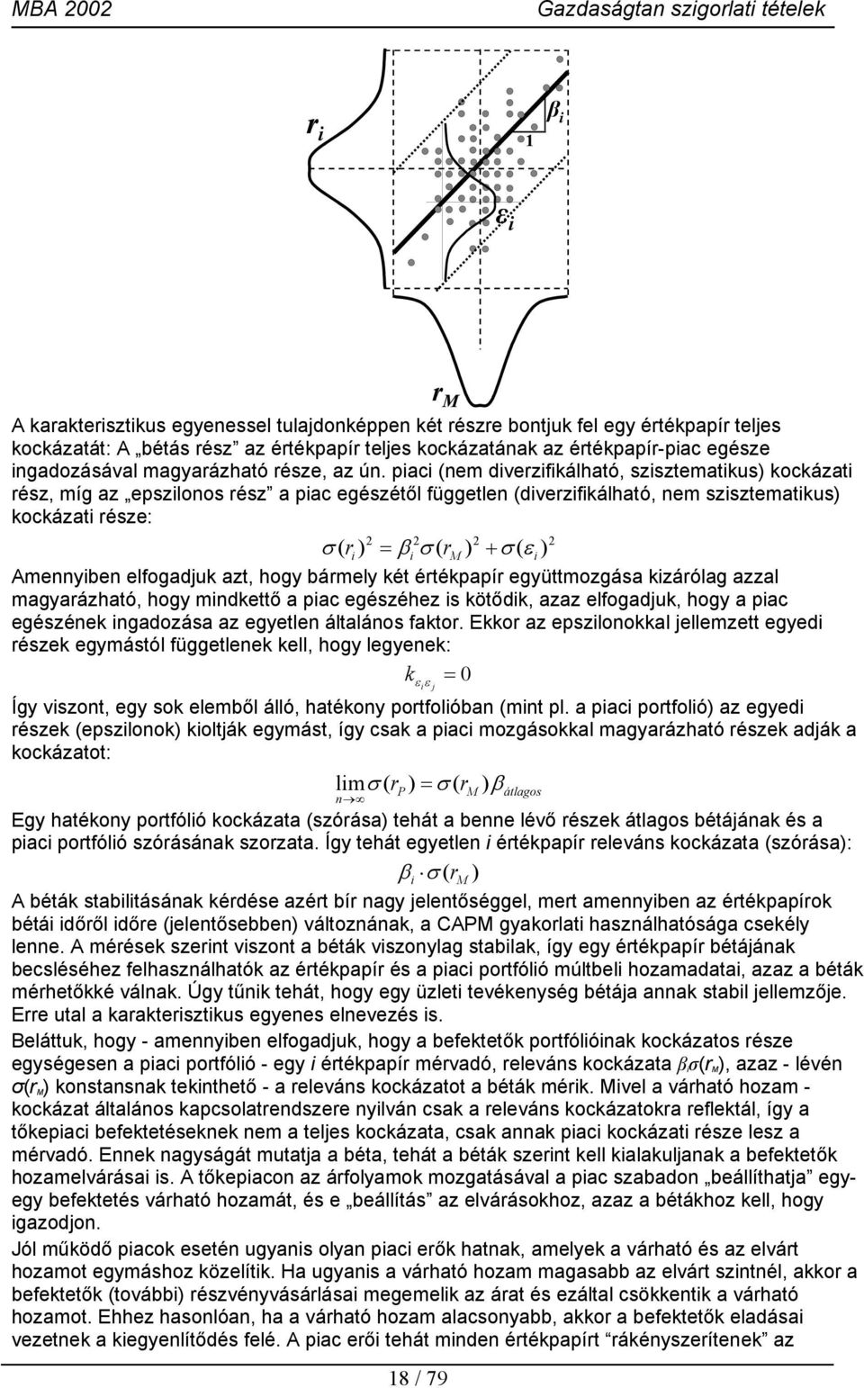 piaci (nem diverzifikálható, szisztematikus) kockázati rész, míg az epszilonos rész a piac egészétől független (diverzifikálható, nem szisztematikus) kockázati része: σ + 2 2 2 ( ri ) = βi σ ( rm ) σ