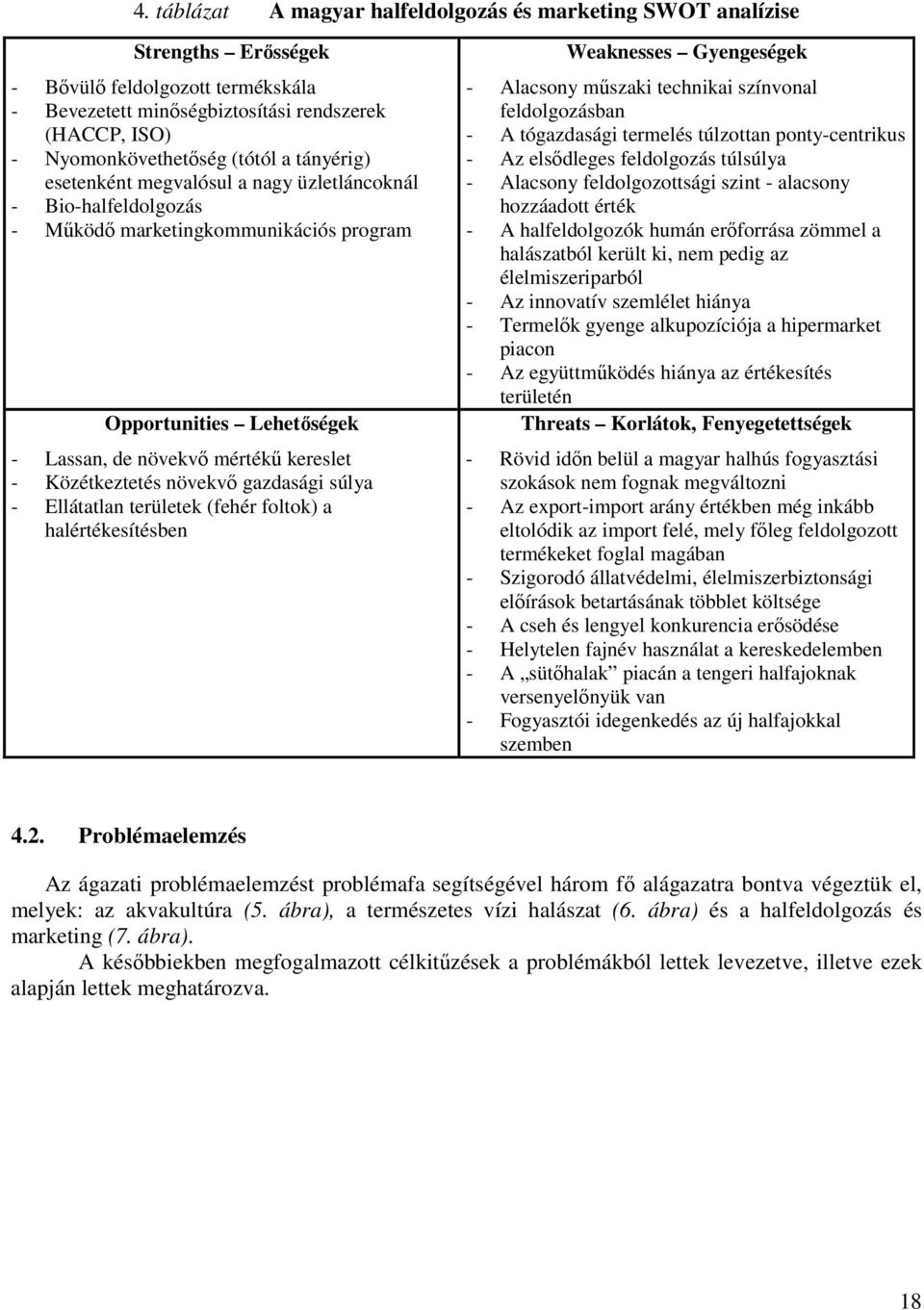 Közétkeztetés növekvı gazdasági súlya - Ellátatlan területek (fehér foltok) a halértékesítésben Weaknesses Gyengeségek - Alacsony mőszaki technikai színvonal feldolgozásban - A tógazdasági termelés