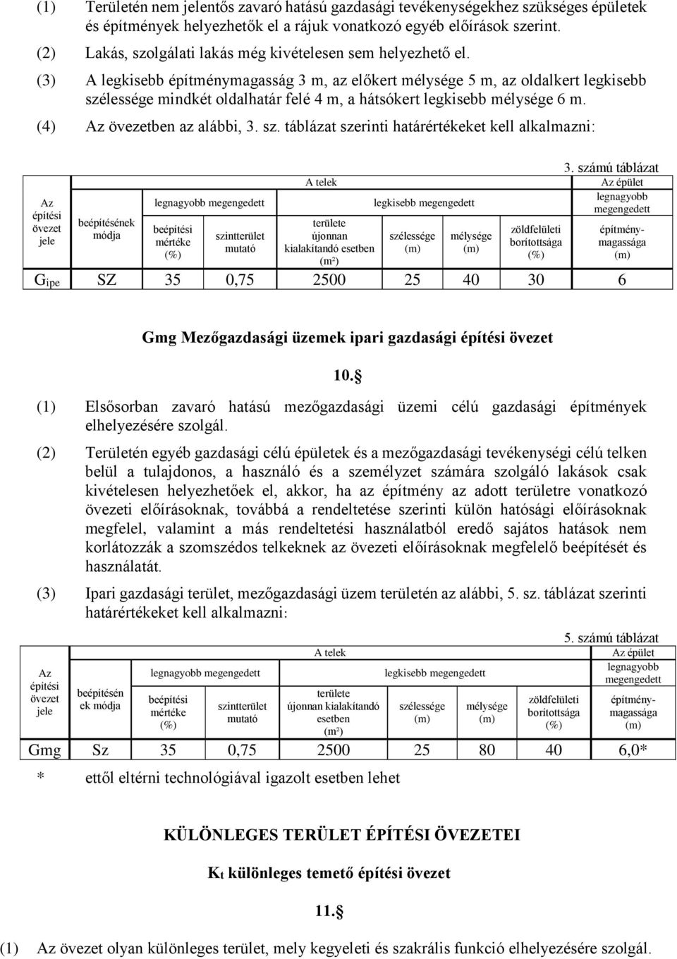 (3) A legkisebb építménymagasság 3 m, az előkert mélysége 5 m, az oldalkert legkisebb szé