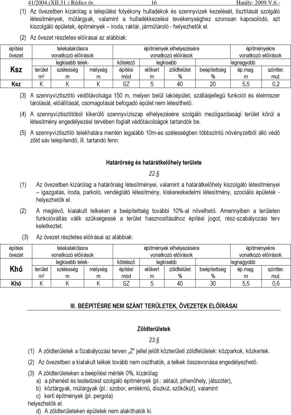 (2) Az övezet részletes elıírásai az alábbiak: építési övezet telekalakításra Ksz legkisebb telek- kötelezı legkisebb legnagyobb terület szélesség mélység építési elıkert zöldfelület beépítettség ép.