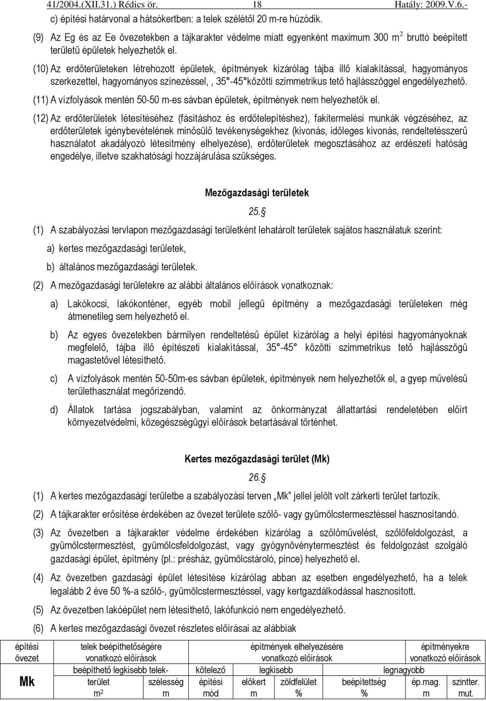 (10) Az erdıterületeken létrehozott épületek, építmények kizárólag tájba illı kialakítással, hagyományos szerkezettel, hagyományos színezéssel,, 35-45 közötti szimmetrikus tetı hajlásszöggel