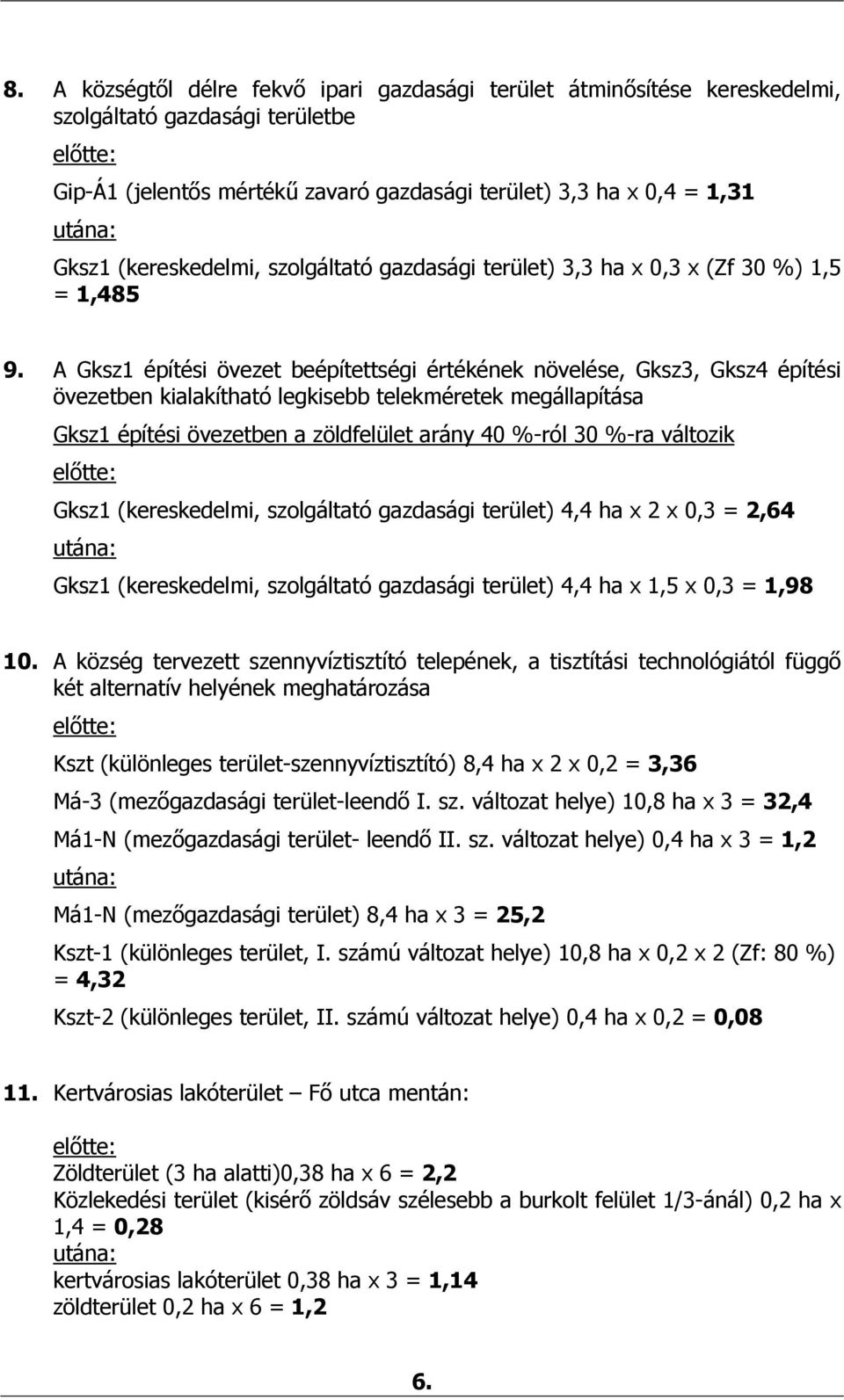 A Gksz1 építési övezet beépítettségi értékének növelése, Gksz3, Gksz4 építési övezetben kialakítható legkisebb telekméretek megállapítása Gksz1 építési övezetben a zöldfelület arány 40 %-ról 30 %-ra