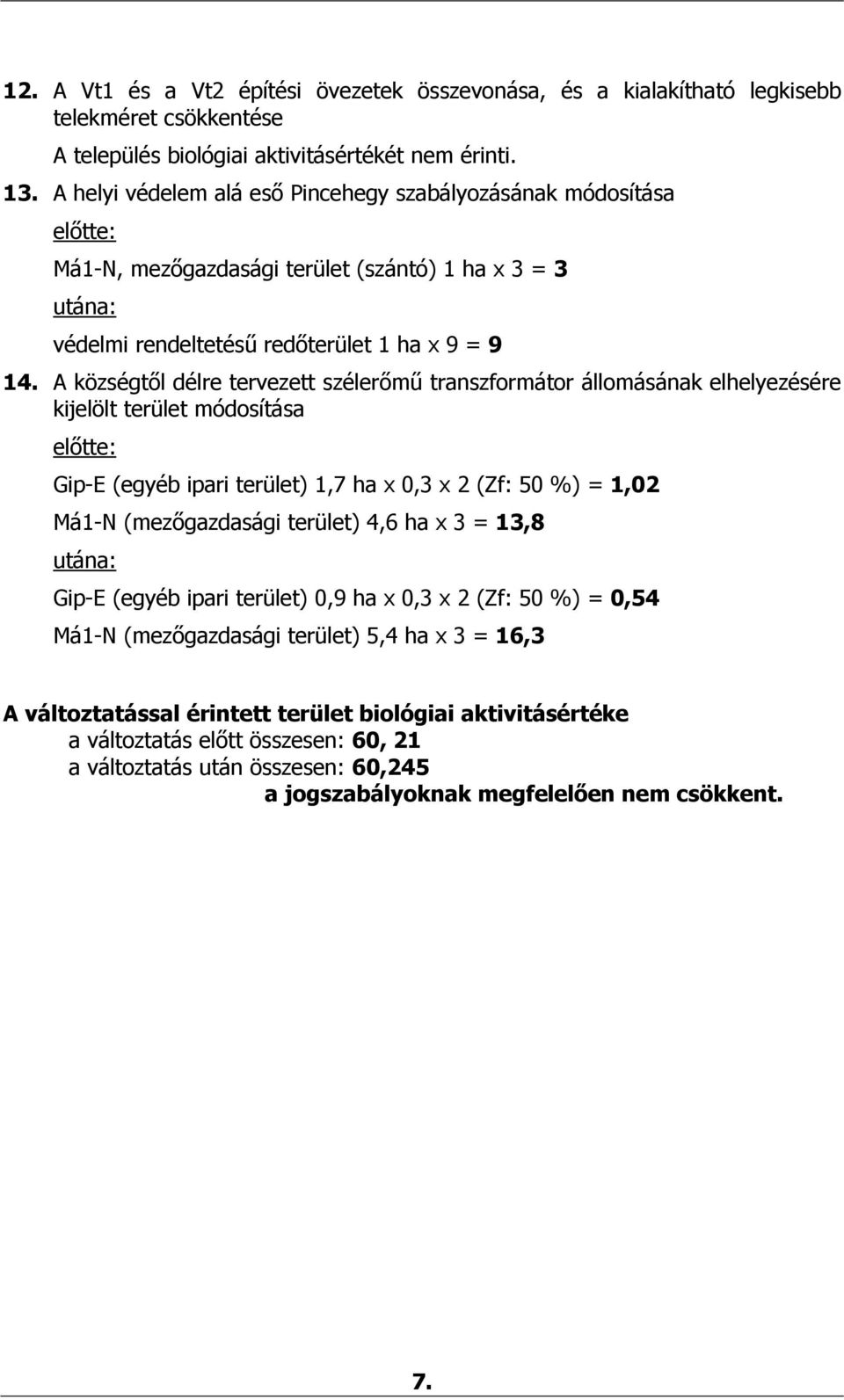 A községtől délre tervezett szélerőmű transzformátor állomásának elhelyezésére kijelölt terület módosítása előtte: Gip-E (egyéb ipari terület) 1,7 ha x 0,3 x 2 (Zf: 50 %) = 1,02 Má1-N (mezőgazdasági