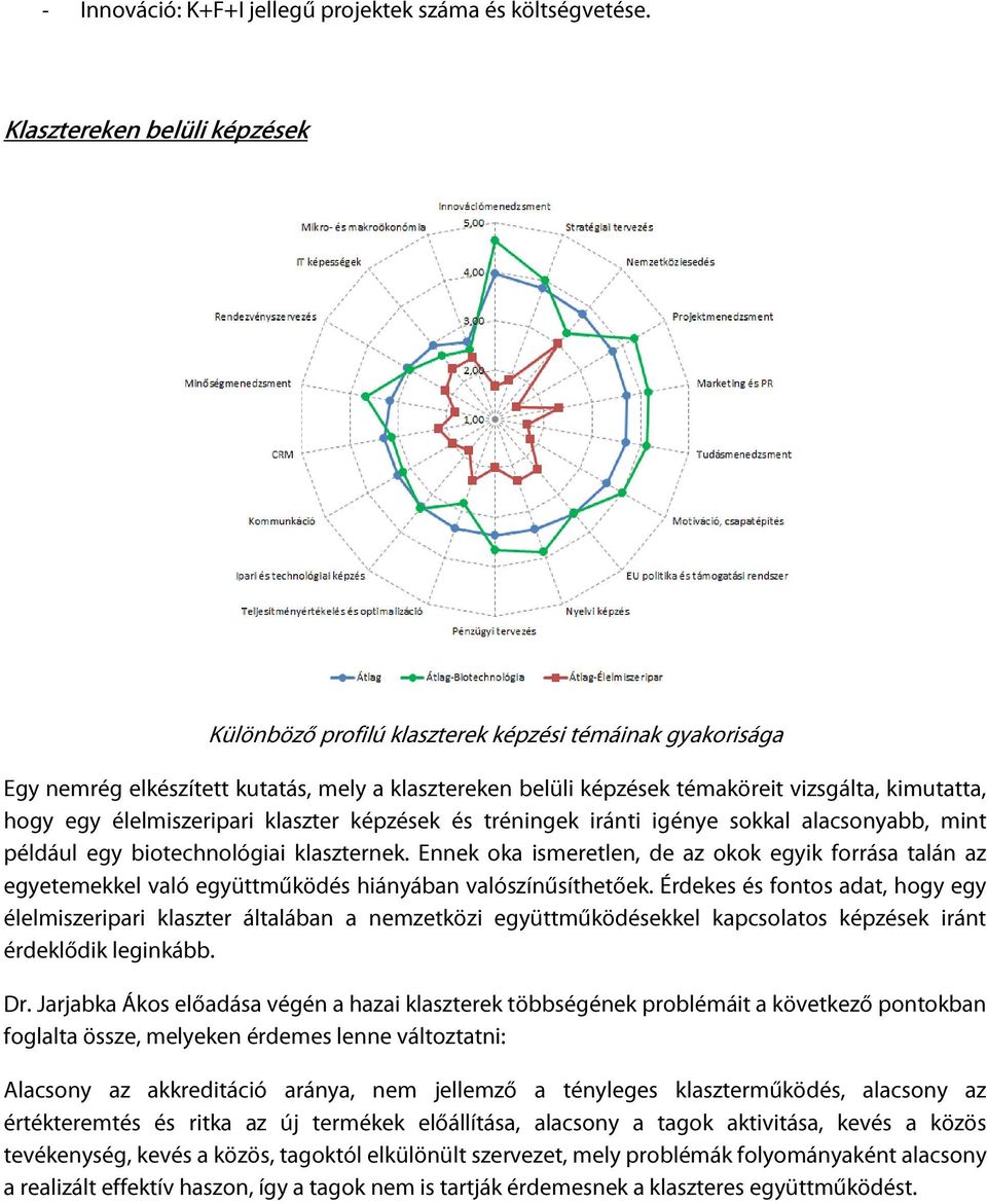 élelmiszeripari klaszter képzések és tréningek iránti igénye sokkal alacsonyabb, mint például egy biotechnológiai klaszternek.