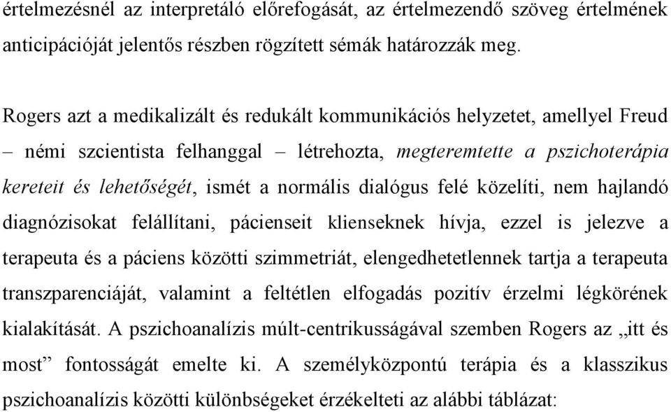 felé közelíti, nem hajlandó diagnózisokat felállítani, pácienseit klienseknek hívja, ezzel is jelezve a terapeuta és a páciens közötti szimmetriát, elengedhetetlennek tartja a terapeuta