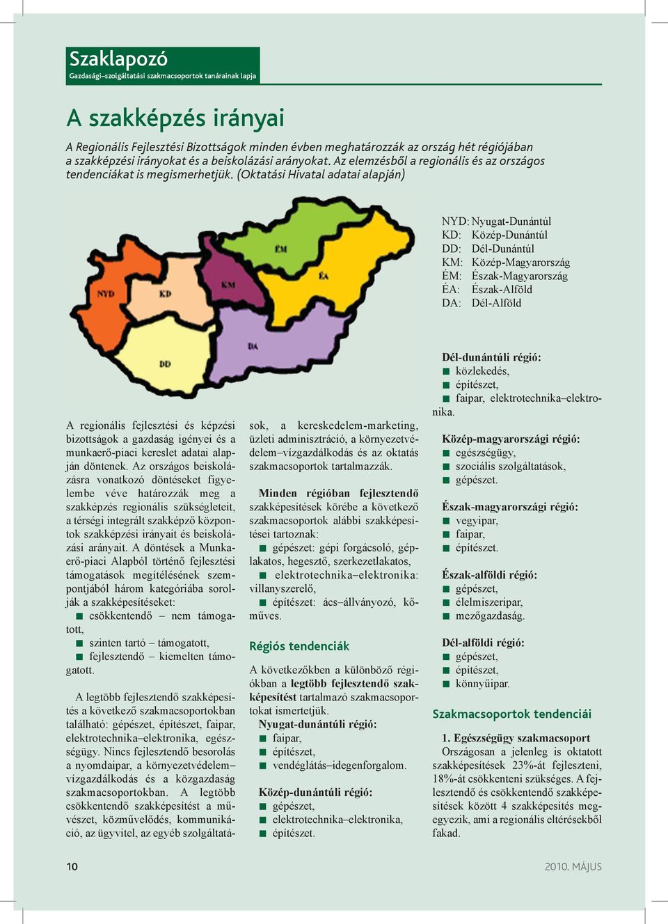 (Oktatási Hivatal adatai alapján) NYD: Nyugat-Dunántúl KD: Közép-Dunántúl DD: Dél-Dunántúl KM: Közép-Magyarország ÉM: Észak-Magyarország ÉA: Észak-Alföld DA: Dél-Alföld A regionális fejlesztési és