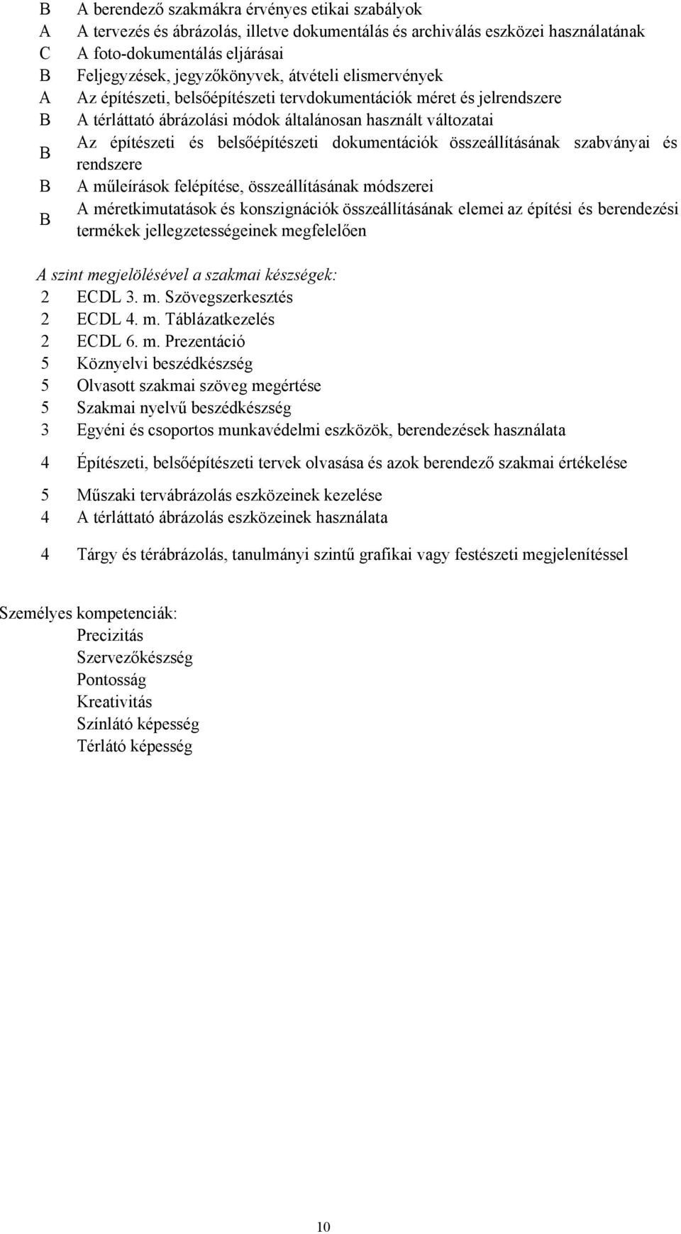 belsőépítészeti dokumentációk összeállításának szabványai és rendszere A műleírások felépítése, összeállításának módszerei A méretkimutatások és konszignációk összeállításának elemei az építési és