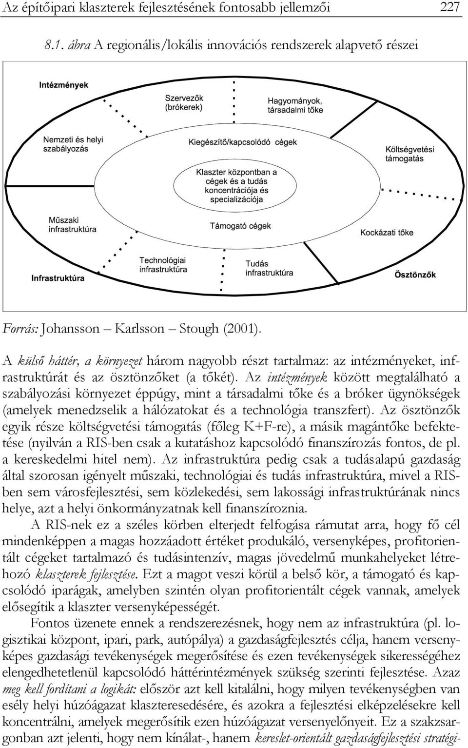 Az intézmények között megtalálható a szabályozási környezet éppúgy, mint a társadalmi tőke és a bróker ügynökségek (amelyek menedzselik a hálózatokat és a technológia transzfert).