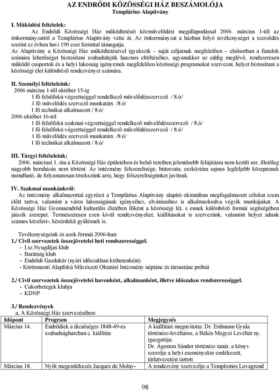 Az Alapítvány a Közösségi Ház működtetésével igyekszik saját céljainak megfelelően elsősorban a fiatalok számára lehetőséget biztosítani szabadidejük hasznos eltöltéséhez, ugyanakkor az eddig