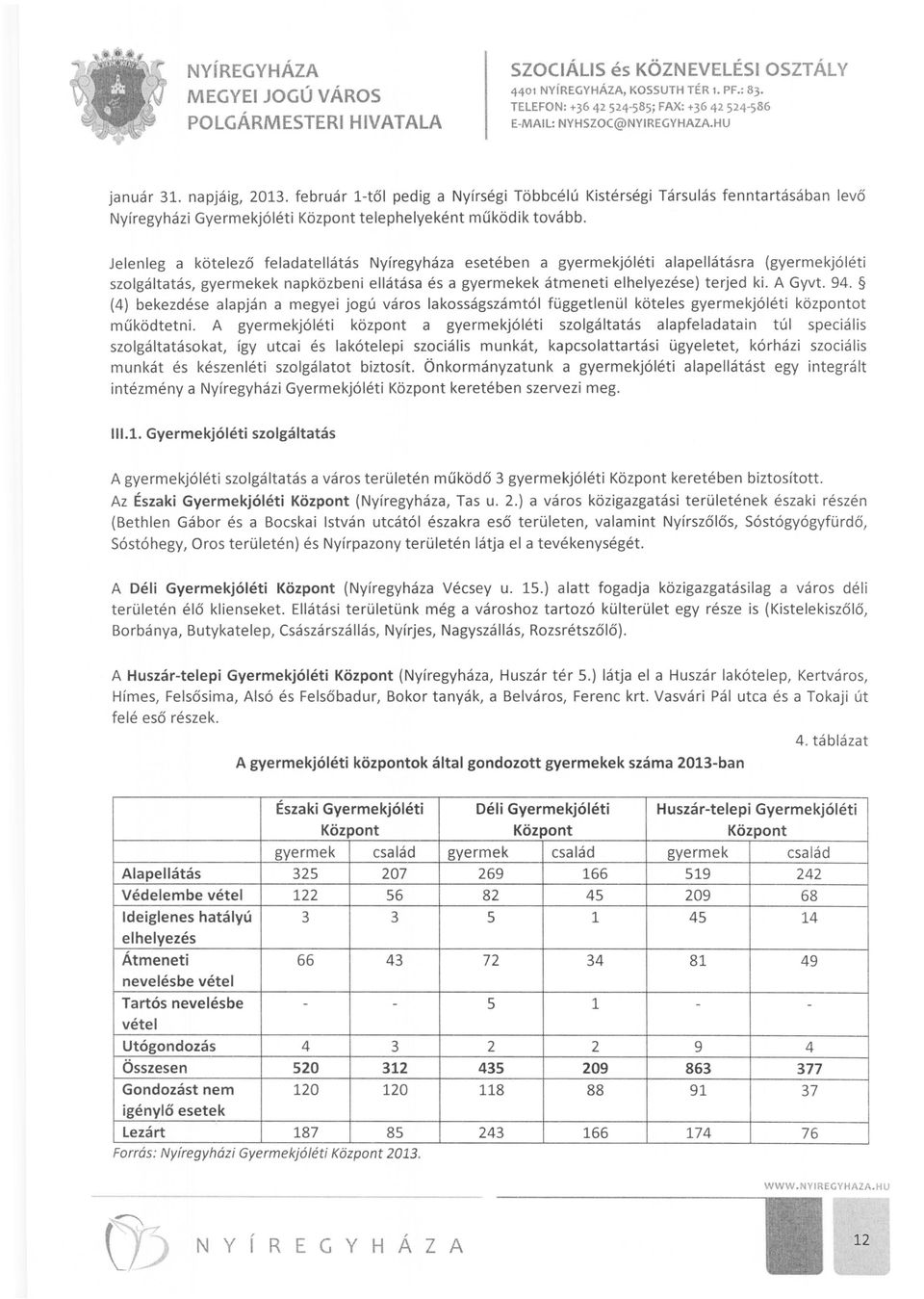 napközbeni ellátása és a gyermekek átmeneti elhelyezése) terjed ki. A Gyvt. 94. (4) bekezdése alapján a megyei jog Ú város lakosságszámtól függetlenül köteles gyermekjóléti központot működtetni.