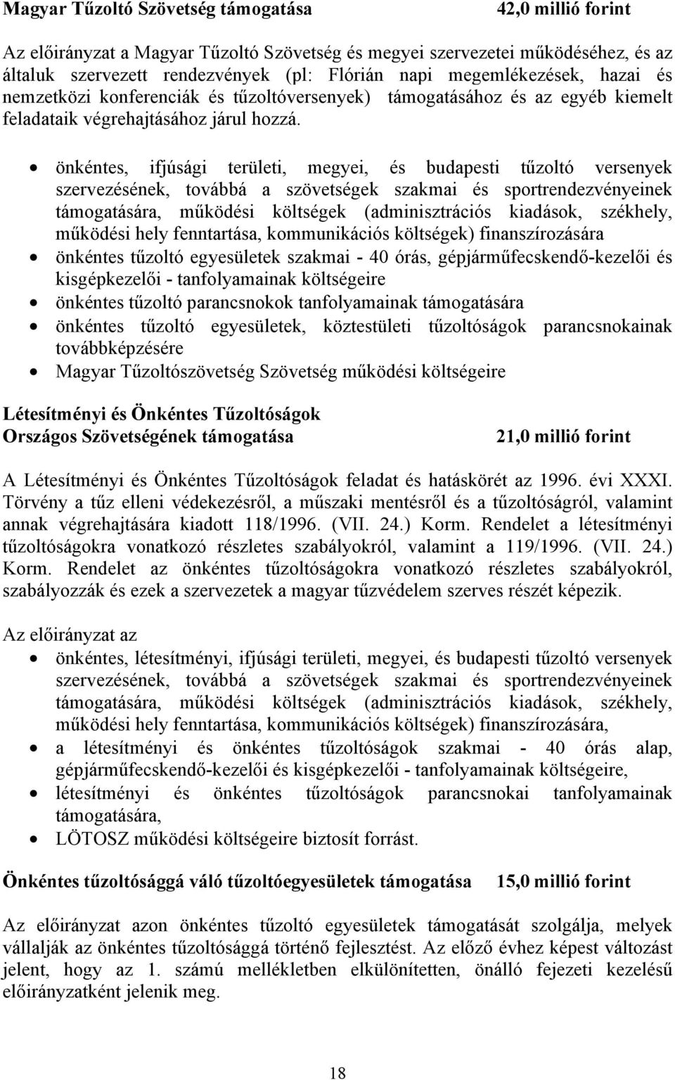 önkéntes, ifjúsági területi, megyei, és budapesti tűzoltó versenyek szervezésének, továbbá a szövetségek szakmai és sportrendezvényeinek támogatására, működési költségek (adminisztrációs kiadások,