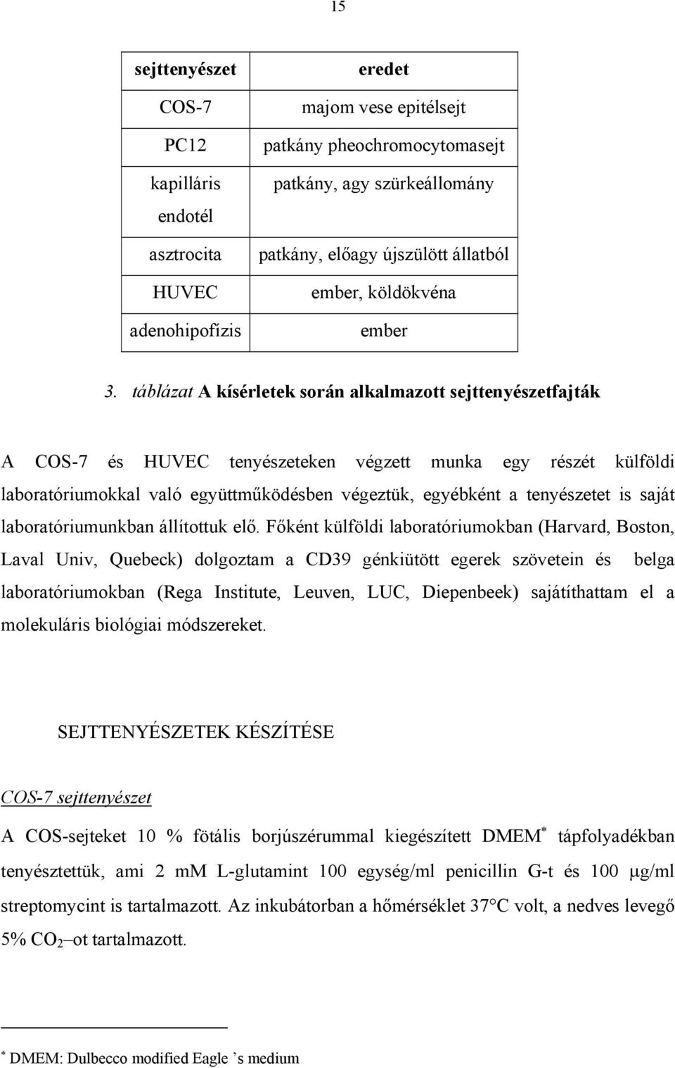 táblázat A kísérletek során alkalmazott sejttenyészetfajták A COS-7 és HUVEC tenyészeteken végzett munka egy részét külföldi laboratóriumokkal való együttműködésben végeztük, egyébként a tenyészetet