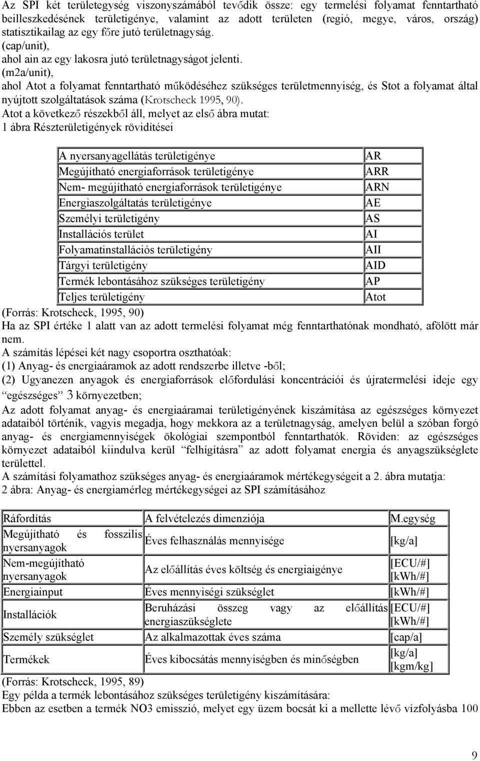 (m2a/unit), ahol Atot a folyamat fenntartható működéséhez szükséges területmennyiség, és Stot a folyamat által nyújtott szolgáltatások száma (Krotscheck 1995, 90).