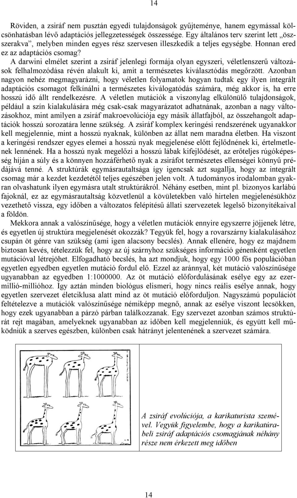 A darwini elmélet szerint a zsiráf jelenlegi formája olyan egyszeri, véletlenszerű változások felhalmozódása révén alakult ki, amit a természetes kiválasztódás megőrzött.