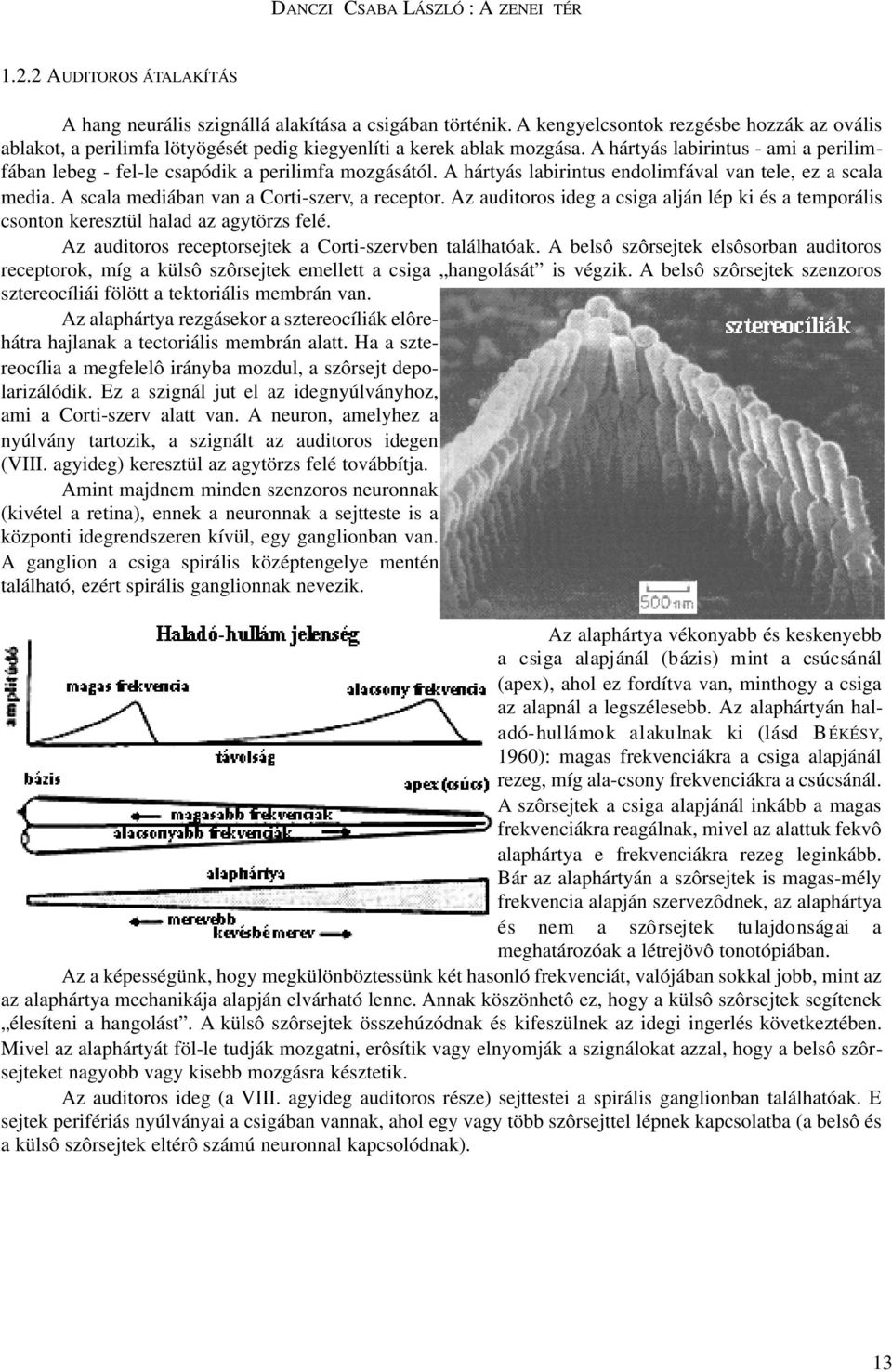 A hártyás labirintus - ami a perilimfában lebeg - fel-le csapódik a perilimfa mozgásától. A hártyás labirintus endolimfával van tele, ez a scala media. A scala mediában van a Corti-szerv, a receptor.