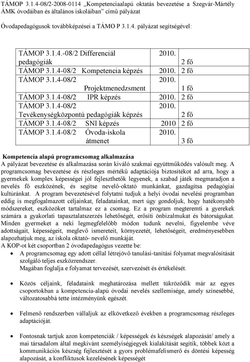 Tevékenységközpontú pedagógiák képzés 2 fő TÁMOP 3.1.4-08/2 SNI képzés 2010 2 fő TÁMOP 3.1.4-08/2 Óvoda-iskola átmenet 2010.