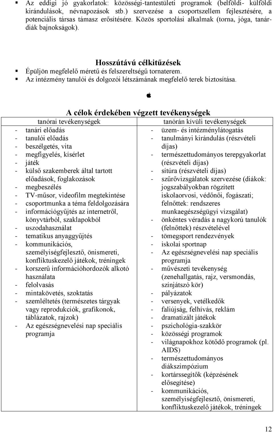 Az intézmény tanulói és dolgozói létszámának megfelelő terek biztosítása.