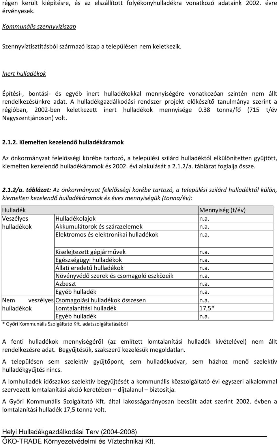 A hulladékgazdálkodási rendszer projekt előkészítő tanulmánya szerint a régióban, 20