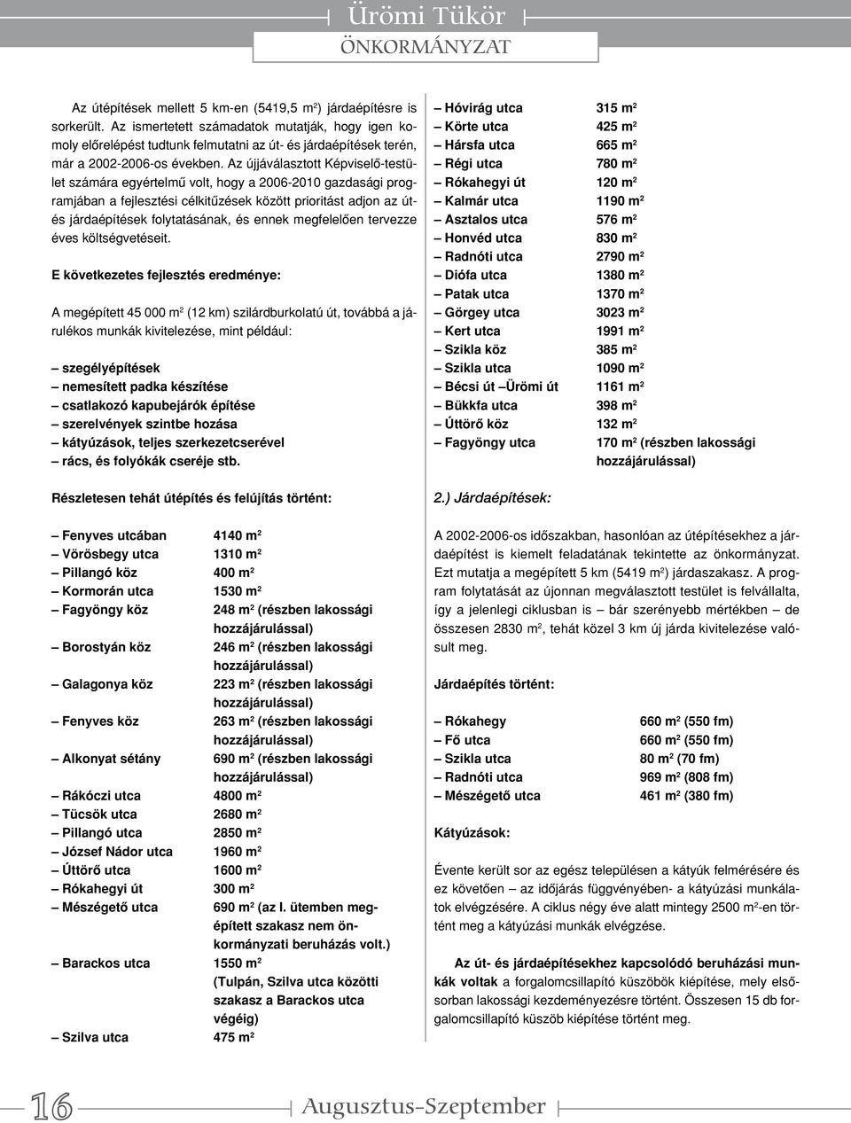 Az újjáválasztott Képviselő-testület számára egyértelmű volt, hogy a 2006-2010 gazdasági programjában a fejlesztési célkitűzések között prioritást adjon az útés járdaépítések folytatásának, és ennek