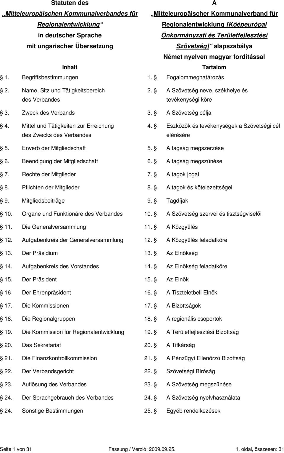 Rechte der Mitglieder 8. Pflichten der Mitglieder 9. Mitgliedsbeiträge 10. Organe und Funktionäre des Verbandes 11. Die Generalversammlung 12. Aufgabenkreis der Generalversammlung 13.