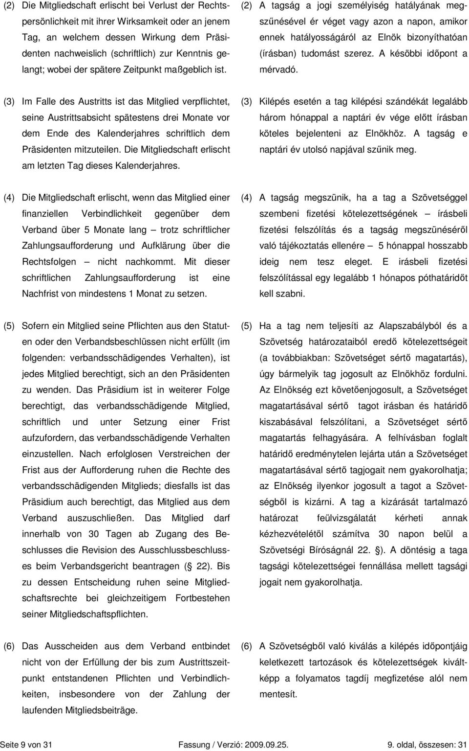 (2) A tagság a jogi személyiség hatályának megszőnésével ér véget vagy azon a napon, amikor ennek hatályosságáról az Elnök bizonyíthatóan (írásban) tudomást szerez. A késöbbi idıpont a mérvadó.