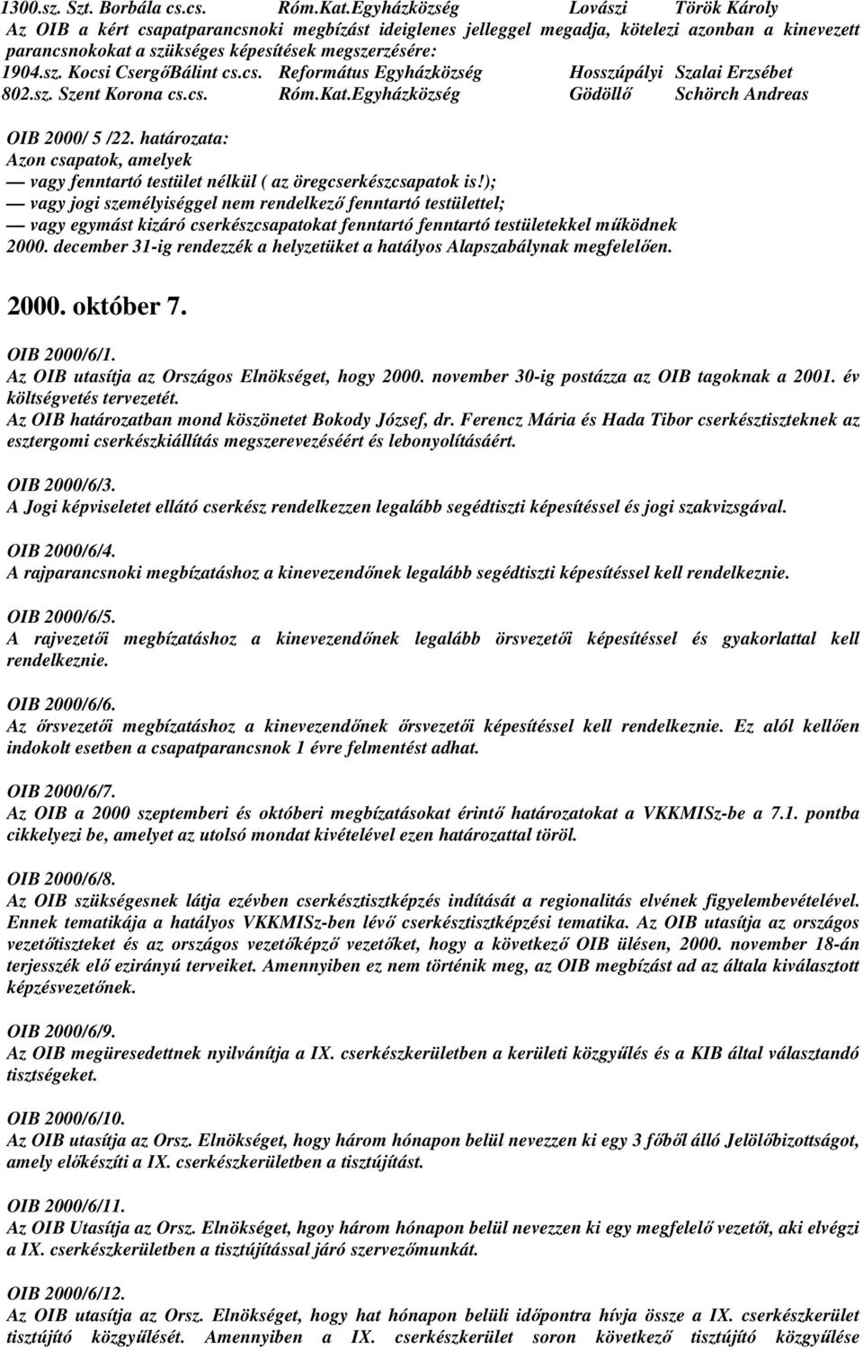 cs. Református Egyházközség Hosszúpályi Szalai Erzsébet 802.sz. Szent Korona cs.cs. Róm.Kat.Egyházközség Gödöllı Schörch Andreas OIB 2000/ 5 /22.