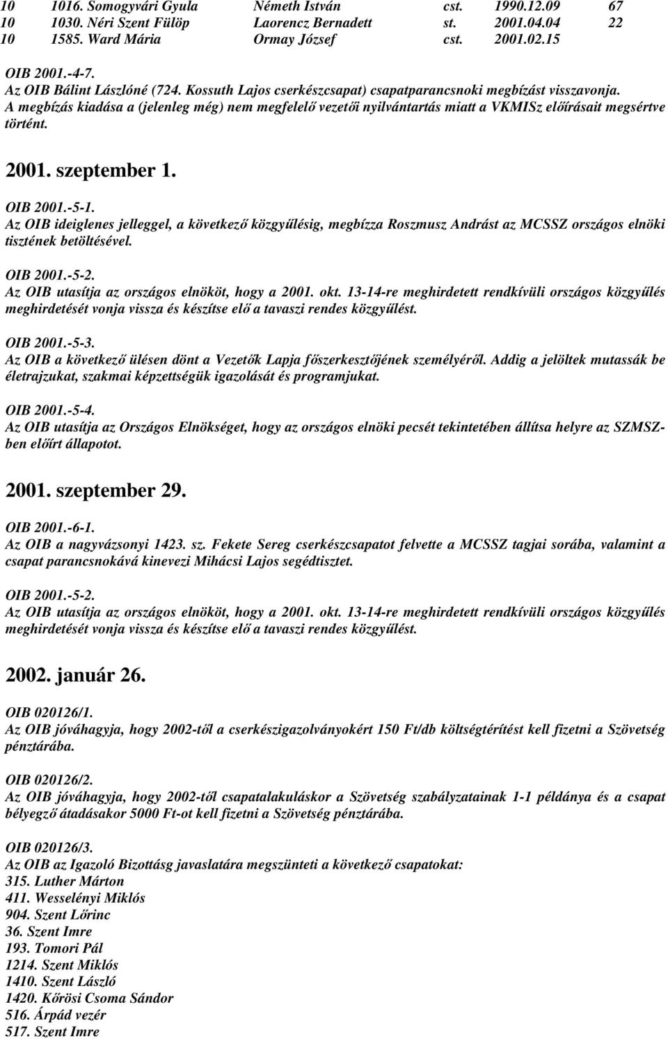 A megbízás kiadása a (jelenleg még) nem megfelelı vezetıi nyilvántartás miatt a VKMISz elıírásait megsértve történt. 2001. szeptember 1. OIB 2001.-5-1.