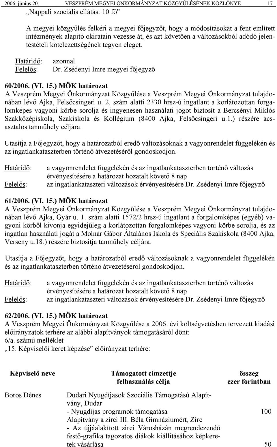 okiratain vezesse át, és azt követően a változásokból adódó jelentéstételi kötelezettségének tegyen eleget. azonnal Dr. Zsédenyi Imre megyei főjegyző 60/2006. (VI. 15.