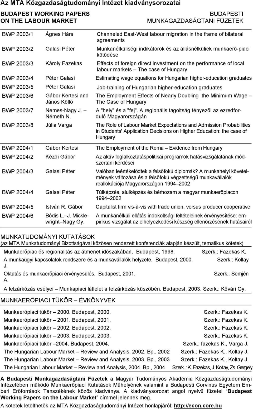 the performance of local labour markets The case of Hungary BWP 2003/4 Péter Galasi Estimating wage equations for Hungarian higher-education graduates BWP 2003/5 Péter Galasi Job-training of