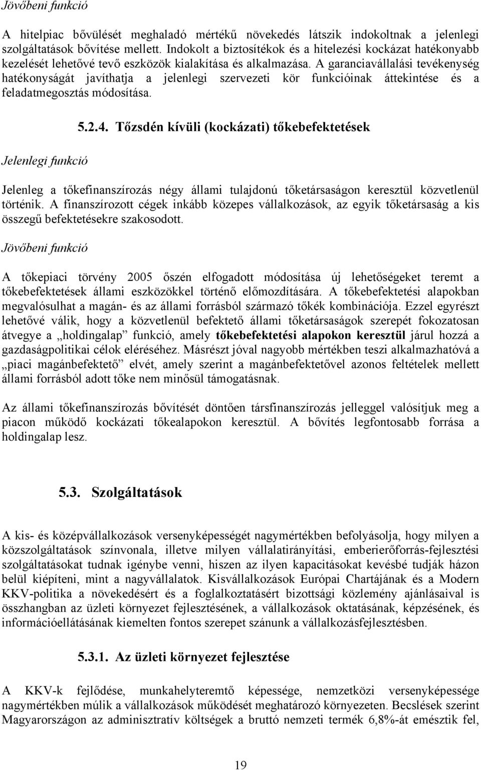 A garanciavállalási tevékenység hatékonyságát javíthatja a jelenlegi szervezeti kör funkcióinak áttekintése és a feladatmegosztás módosítása. Jelenlegi funkció 5.2.4.