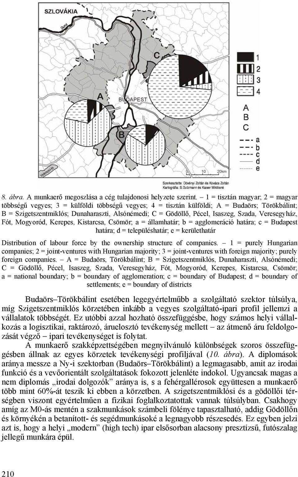 Isaszeg, Szada, Veresegyház, Fót, Mogyoród, Kerepes, Kistarcsa, Csömör; a = államhatár; b = agglomeráció határa; c = Budapest határa; d = településhatár; e = kerülethatár Distribution of labour force