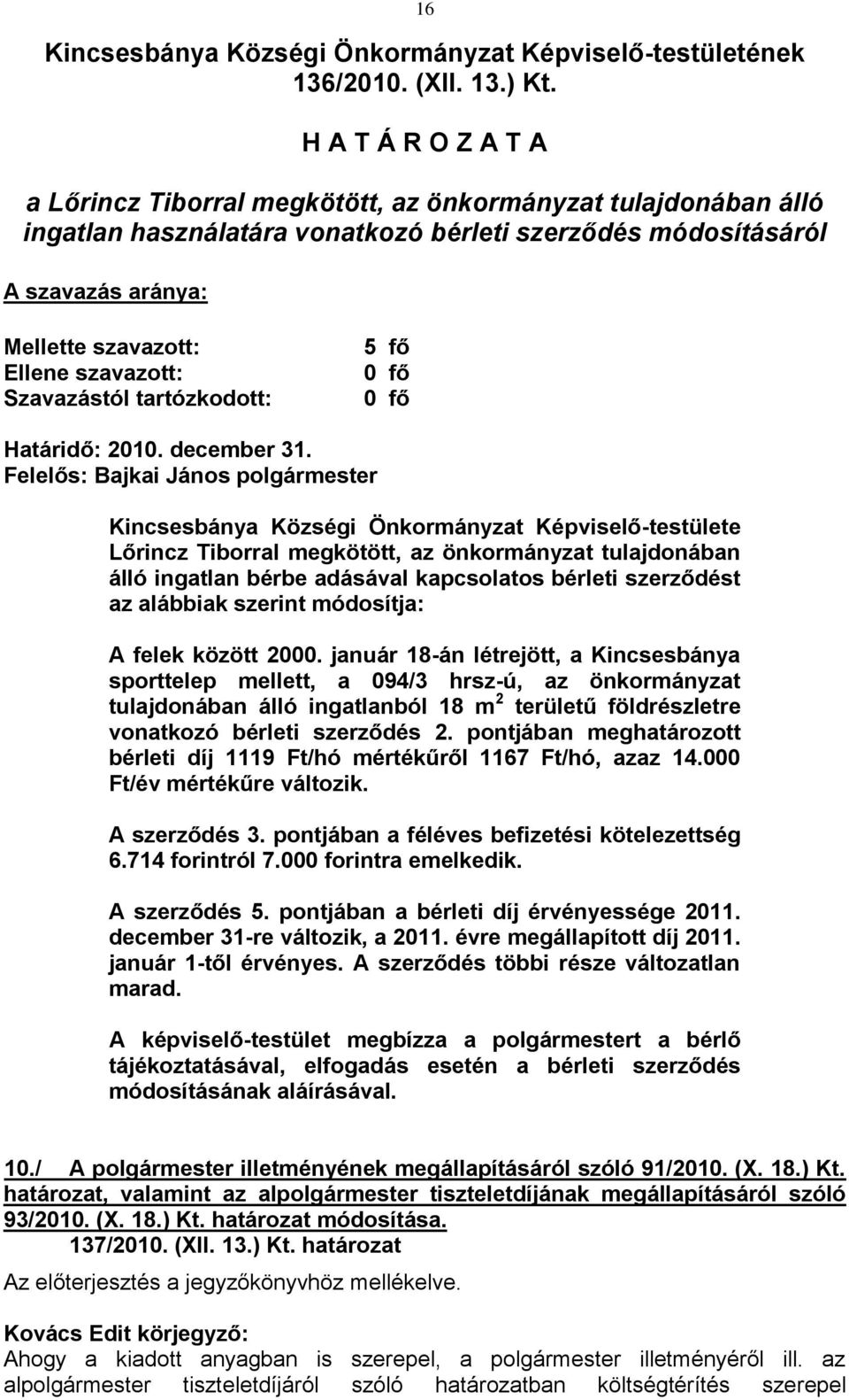 szavazott: Szavazástól tartózkodott: 5 fő Határidő: 2010. december 31.