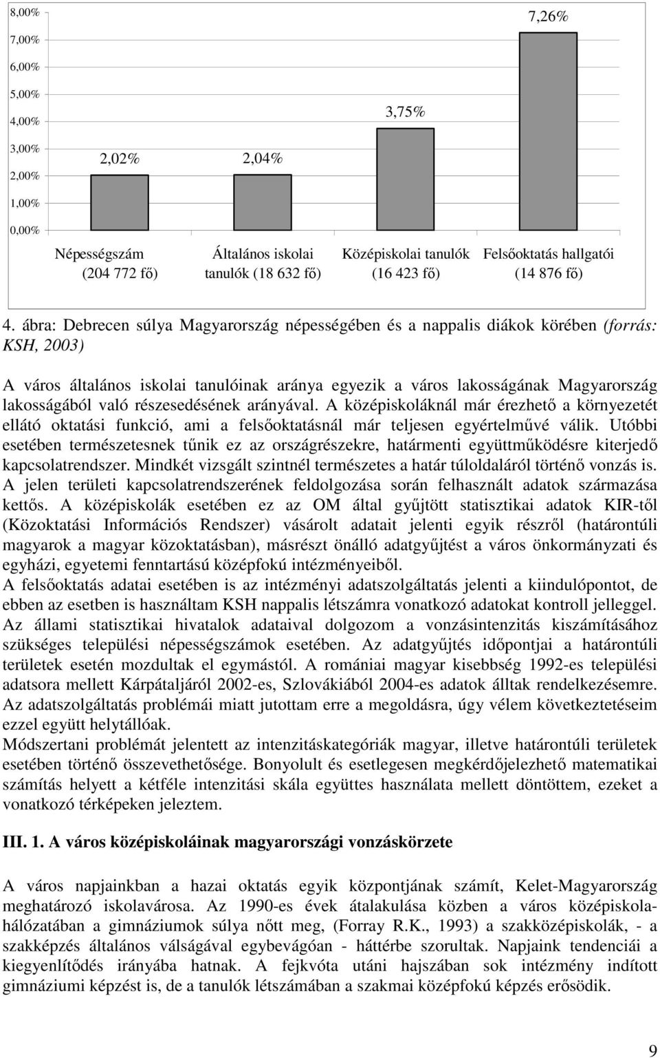 ábra: Debrecen súlya Magyarország népességében és a nappalis diákok körében (forrás: KSH, 2003) A város általános iskolai tanulóinak aránya egyezik a város lakosságának Magyarország lakosságából való