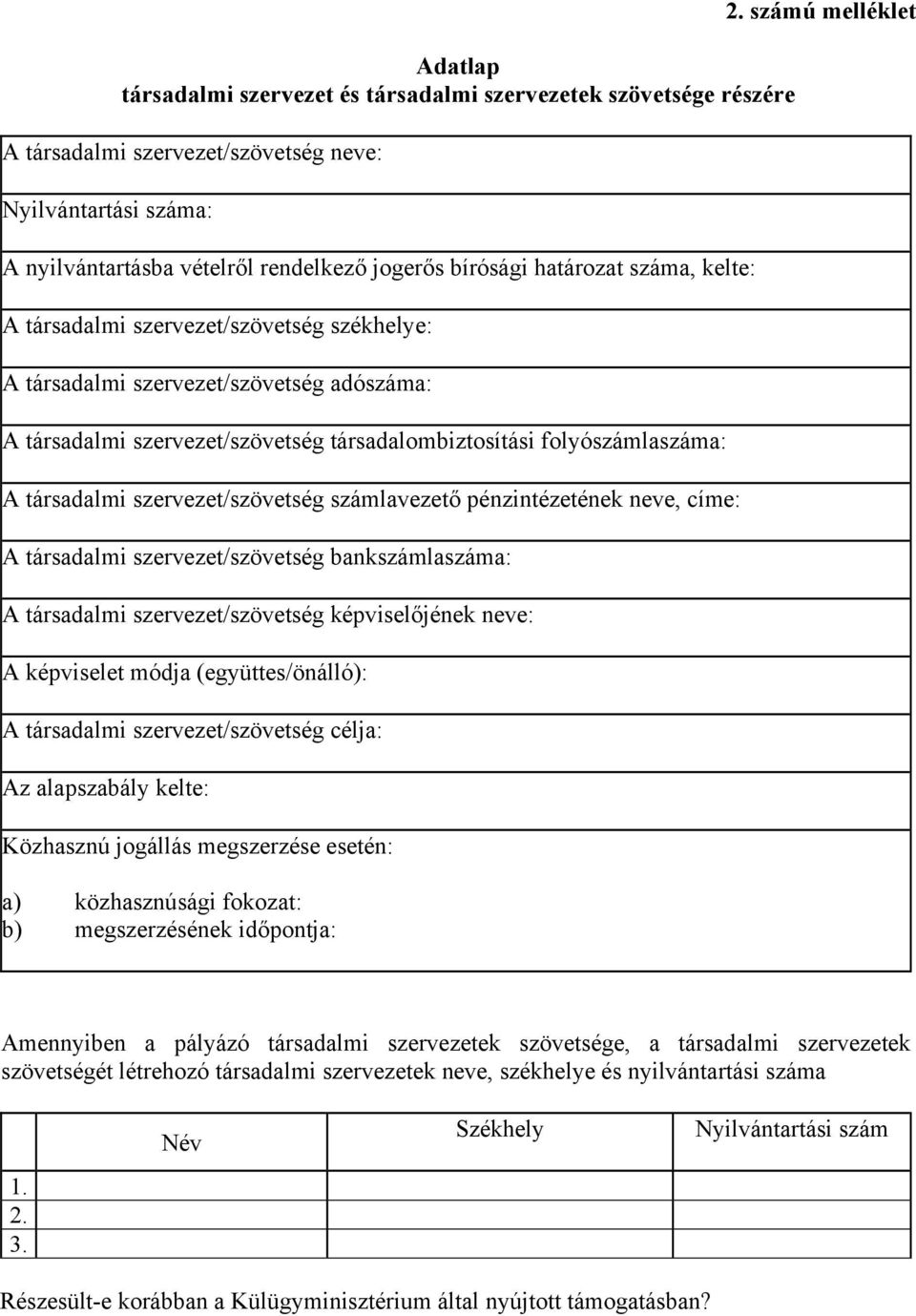 szervezet/szövetség számlavezető pénzintézetének neve, címe: A társadalmi szervezet/szövetség bankszámlaszáma: A társadalmi szervezet/szövetség képviselőjének neve: A képviselet módja