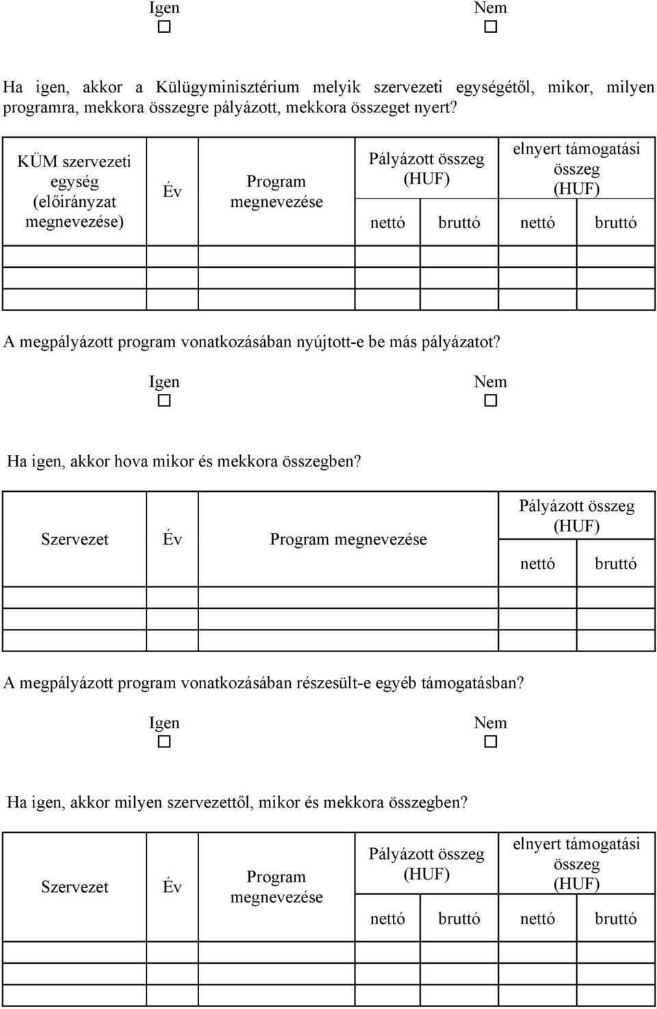 nyújtott-e be más pályázatot? Igen Ha igen, akkor hova mikor és mekkora összegben?