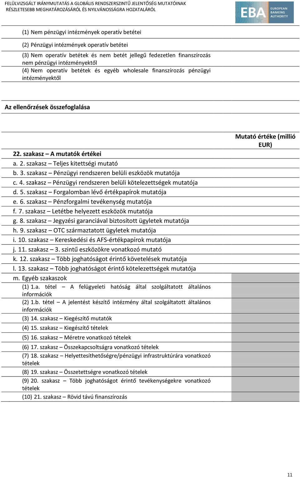 szakasz Pénzügyi rendszeren belüli eszközök mutatója c. 4. szakasz Pénzügyi rendszeren belüli kötelezettségek mutatója d. 5. szakasz Forgalomban lévő értékpapírok mutatója e. 6.