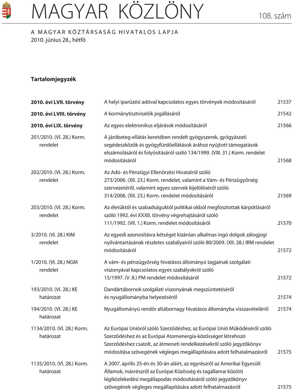 törvény Az egyes elektronikus eljárások módosításáról 21566 201/2010. (VI. 28.) Korm. rendelet 202/2010. (VI. 28.) Korm. rendelet 203/2010. (VI. 28.) Korm. rendelet 3/2010. (VI. 28.) KIM rendelet 1/2010.