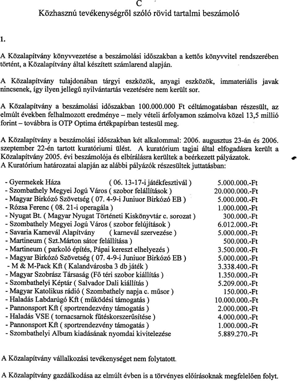 A Köza1apítvány tulajdnában tárgyi eszközök anyagi eszközök immateriális javak nincsenek így ilyen jellegû nyilvántartás vezetésére nem került sr. A Köza1apítvány a beszámlásidõszakban 100.000.