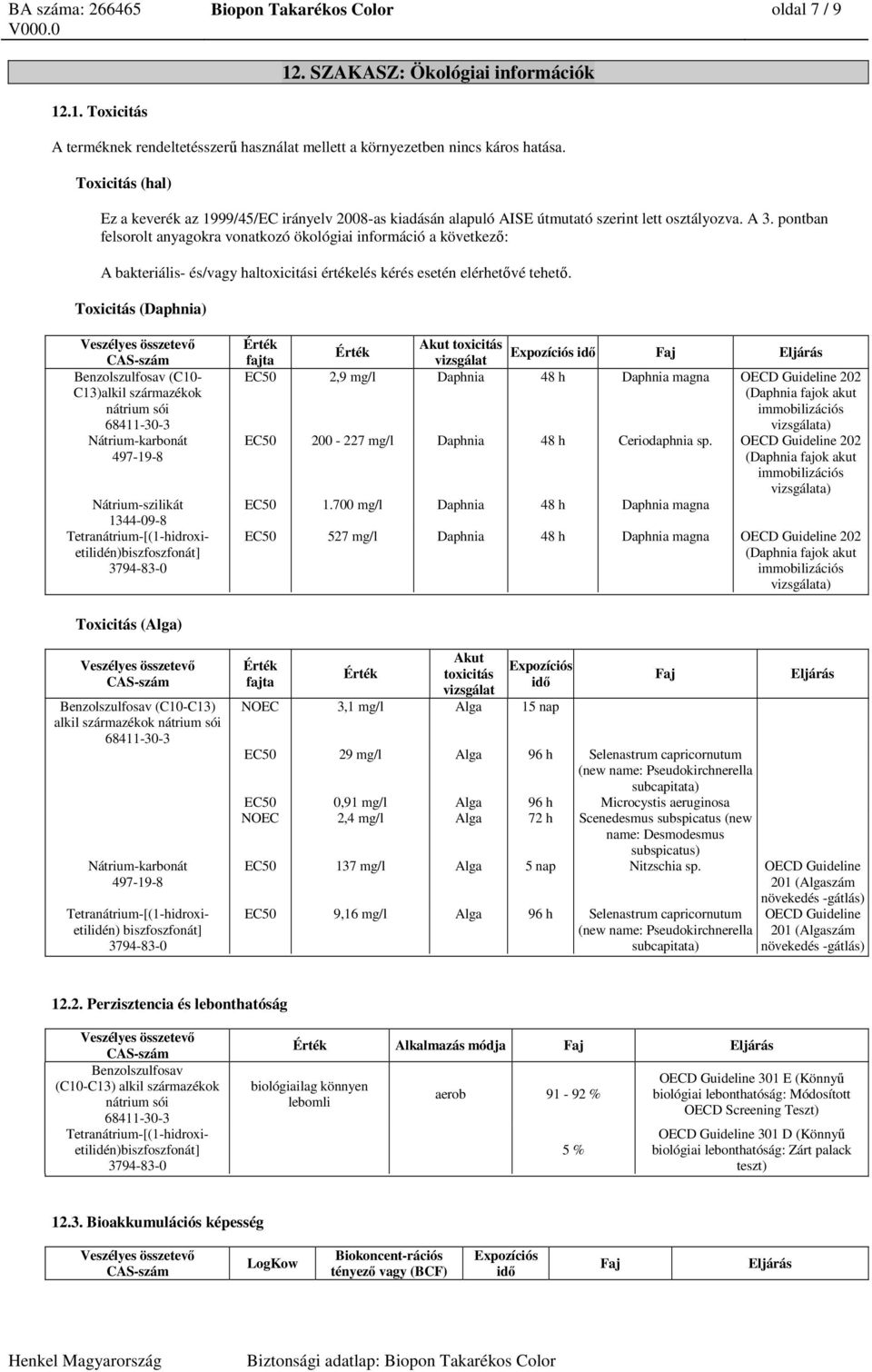 pontban felsorolt anyagokra vonatkozó ökológiai információ a következő: A bakteriális- és/vagy haltoxicitási értékelés kérés esetén elérhetővé tehető.