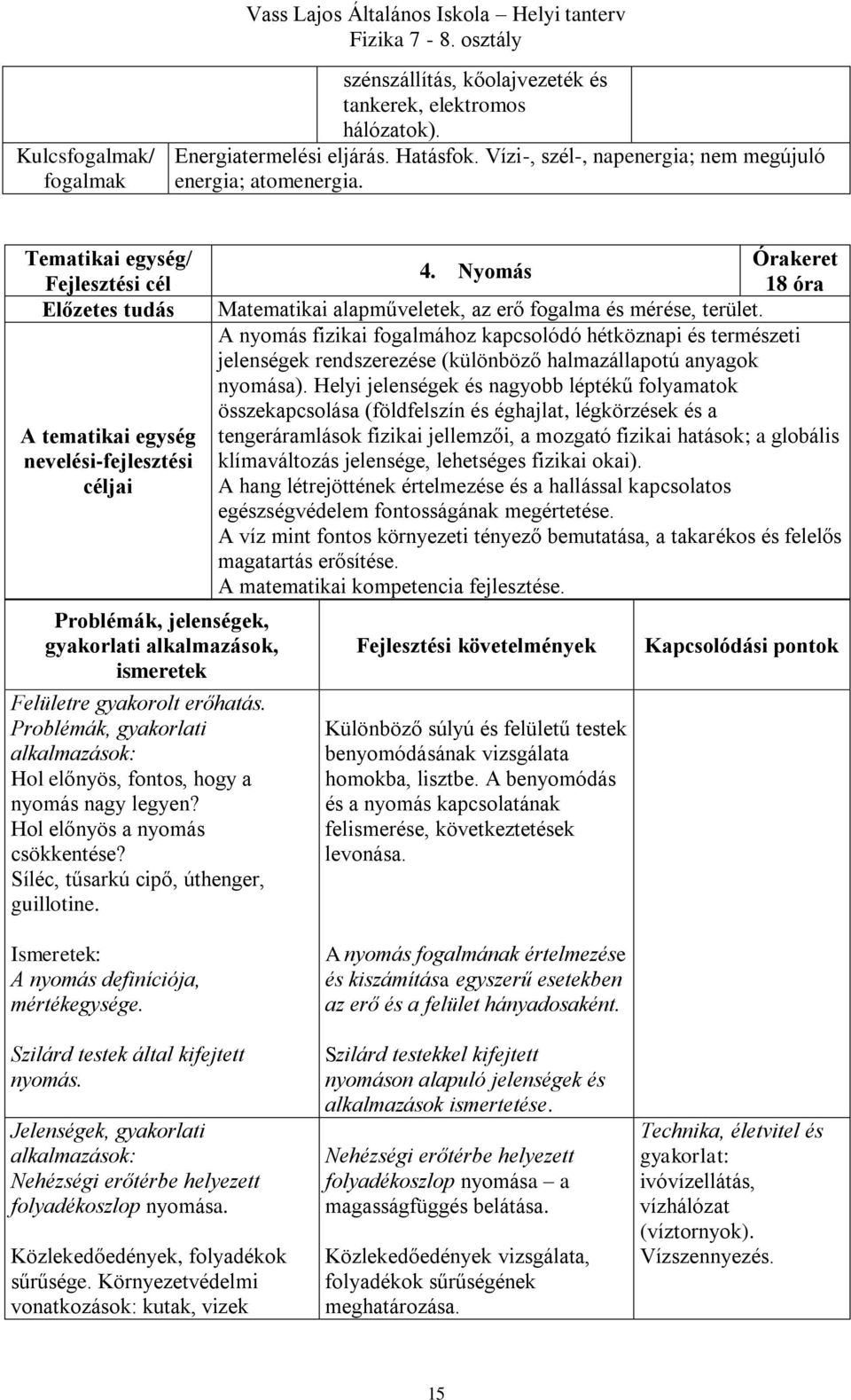 Problémák, gyakorlati alkalmazások: Hol előnyös, fontos, hogy a nyomás nagy legyen? Hol előnyös a nyomás csökkentése? Síléc, tűsarkú cipő, úthenger, guillotine. Órakeret 4.