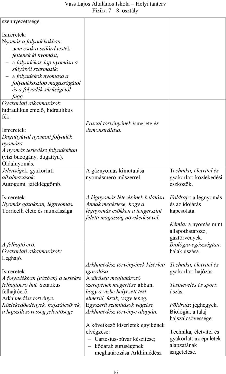 Gyakorlati alkalmazások: hidraulikus emelő, hidraulikus fék. Dugattyúval nyomott folyadék nyomása. A nyomás terjedése folyadékban (vízi buzogány, dugattyú). Oldalnyomás.