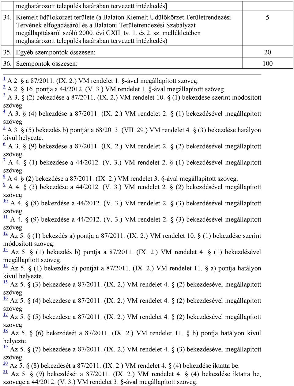 ló 2000. évi CXII. tv. 1. és 2. sz. mellékletében meghatározott település határában tervezett intézkedés) 3. Egyéb szempontok összesen: 20 36. Szempontok összesen: 100 1 A 2. a 87/2011. (IX. 2.) VM rendelet 1.