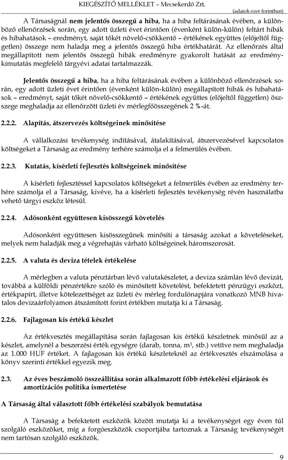 Az ellenőrzés által megállapított nem jelentős összegű hibák eredményre gyakorolt hatását az eredménykimutatás megfelelő tárgyévi adatai tartalmazzák.