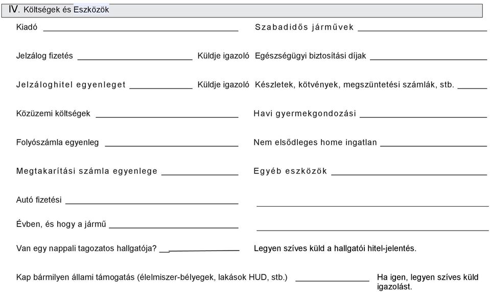 Közüzemi költségek Havi gyermekgondozási Folyószámla egyenleg Nem elsődleges home ingatlan Megtakarítási számla egyenlege Eg yéb eszk özök Autó
