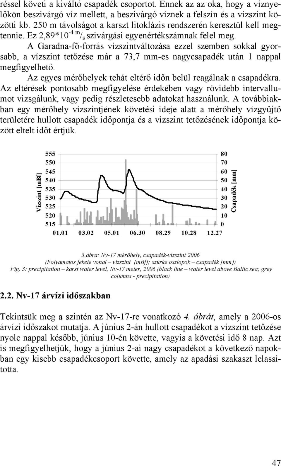 A Garadna-fő-forrás vízszintváltozása ezzel szemben sokkal gyorsabb, a vízszint tetőzése már a 73,7 mm-es nagycsapadék után 1 nappal megfigyelhető.