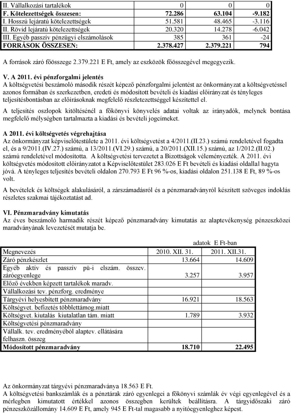 évi pénzforgalmi jelentés A költségvetési beszámoló második részét képező pénzforgalmi jelentést az önkormányzat a költségvetéssel azonos formában és szerkezetben, eredeti és módosított bevételi és