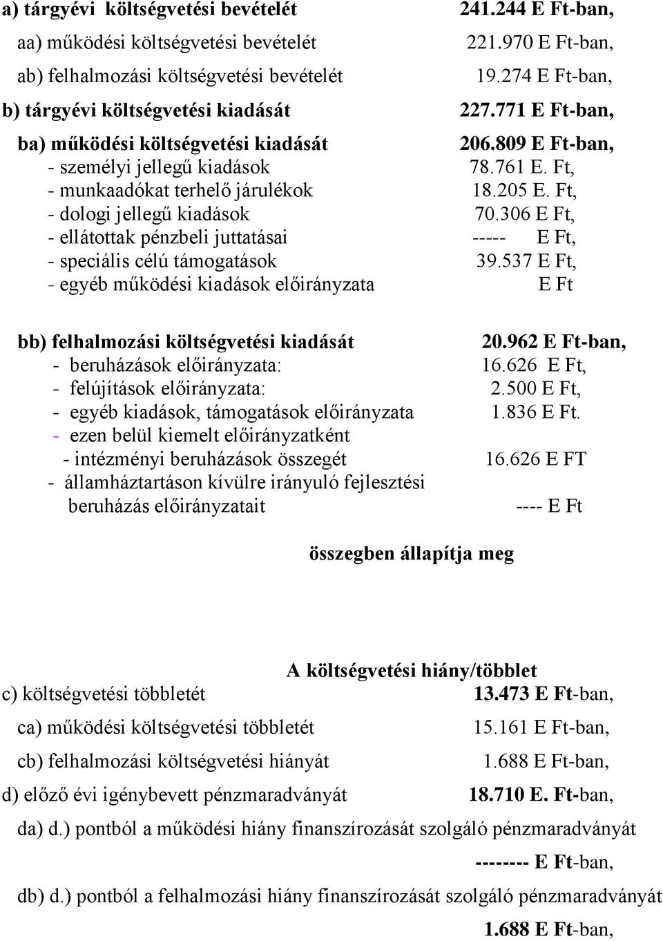 205 E. Ft, - dologi jellegű kiadások 70.306 E Ft, - ellátottak pénzbeli juttatásai ----- E Ft, - speciális célú támogatások 39.