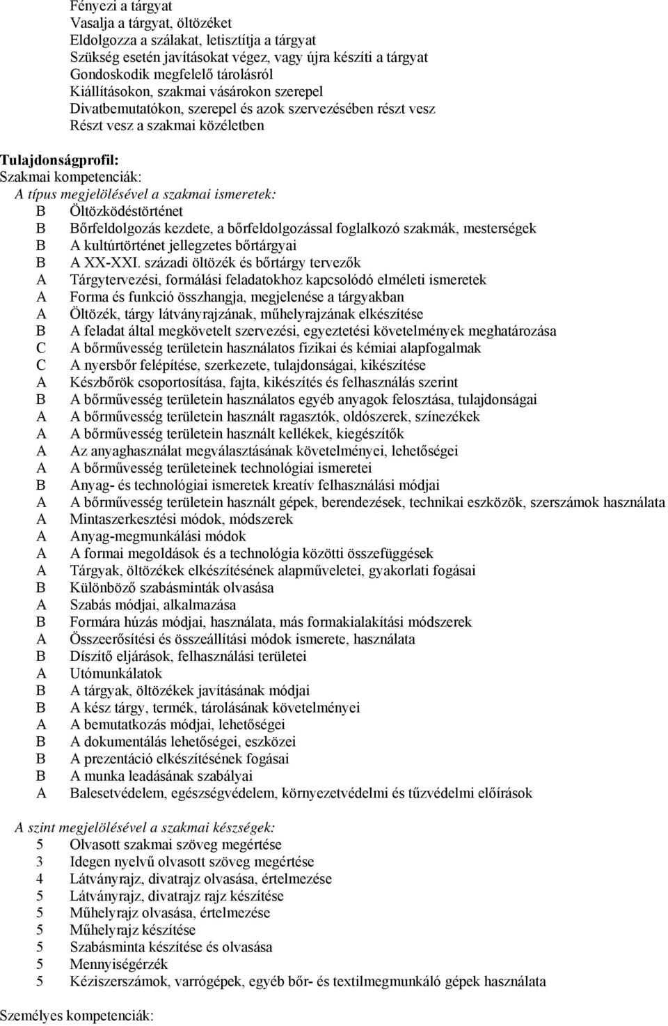 szakmai ismeretek: B Öltözködéstörténet B Bőrfeldolgozás kezdete, a bőrfeldolgozással foglalkozó szakmák, mesterségek B A kultúrtörténet jellegzetes bőrtárgyai B A -I.