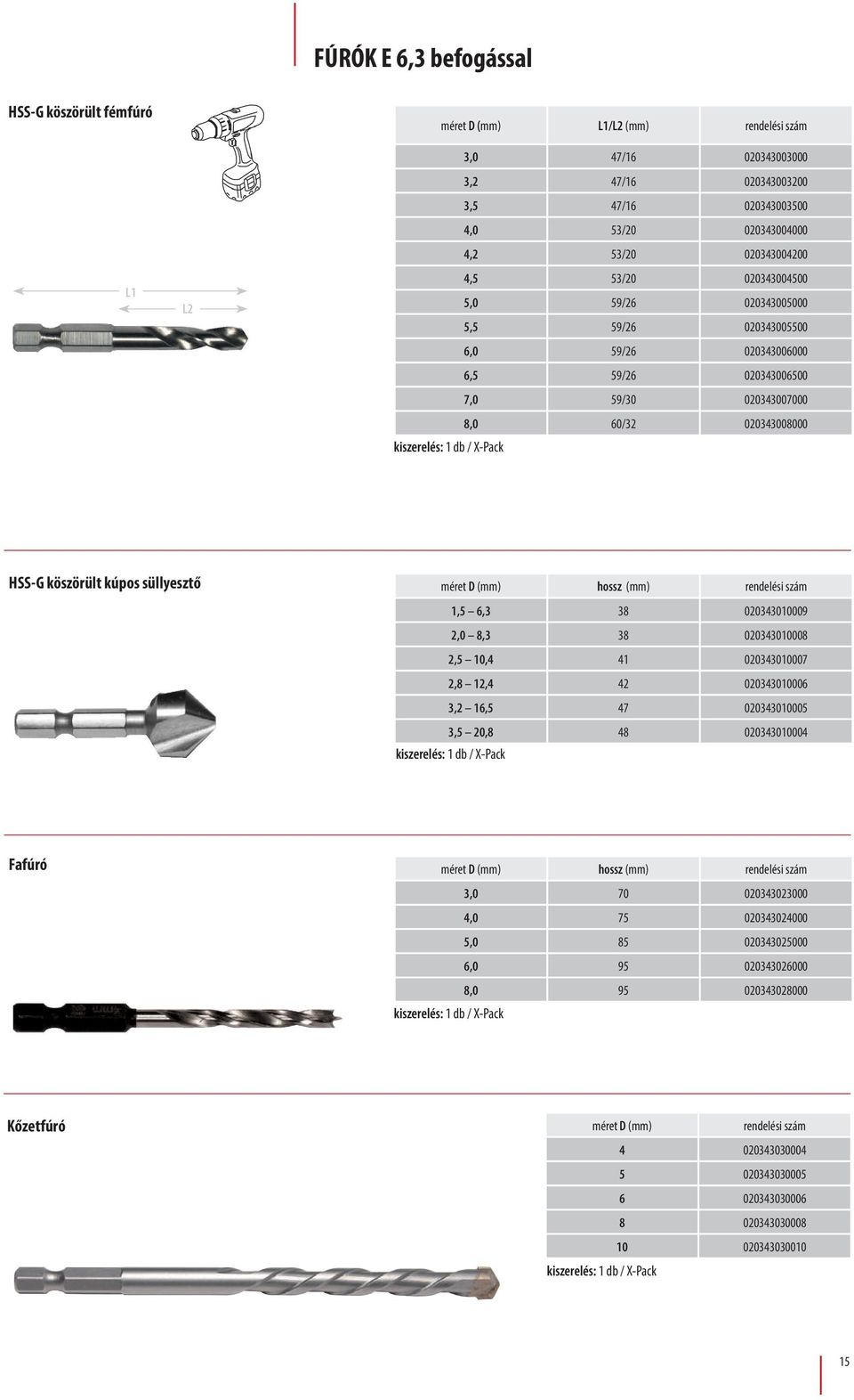 hossz 1,5 6,3 38 020343010009 2,0 8,3 38 020343010008 2,5 10,4 41 020343010007 2,8 12,4 42 020343010006 3,2 16,5 47 020343010005 3,5 20,8 48 020343010004 kiszerelés: 1 db / X-Pack Fafúró D hossz 3,0